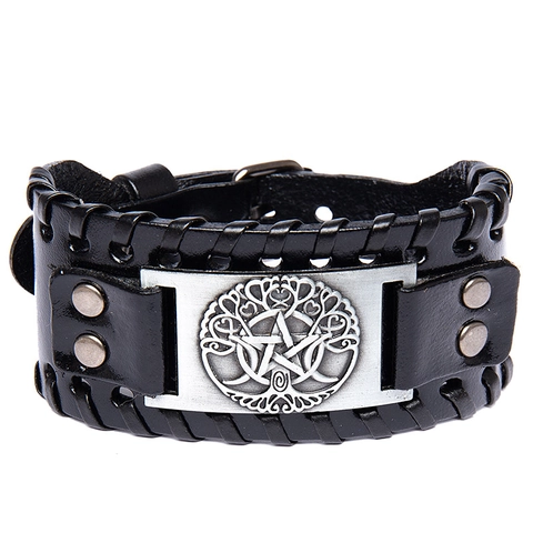 Vintage Wide Leather Cuff Bracelet For Men Women Hand-Woven Punk Viking Tree Of Life Pentagram Embossed Metal Wrap Bracelet Jewelry
