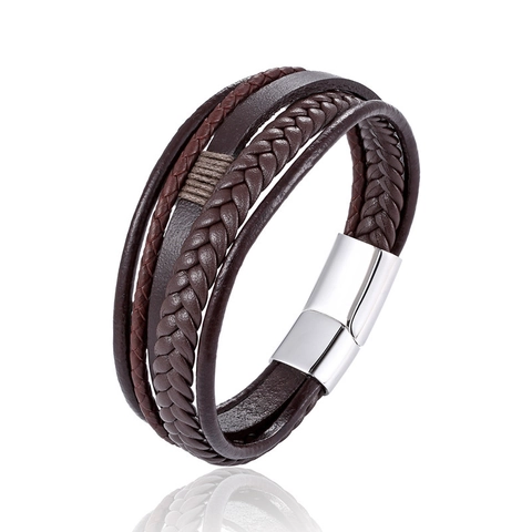 Handmade Multi-layer Braided Leather Bracelet For Men Vintage Punk Stainless Steel Magnetic Clasp Biker Wristband Jewelry