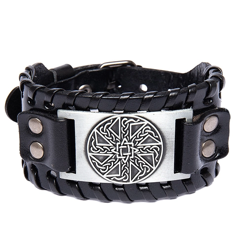 Retro Wide Leather Cuff Bracelet For Men Women Punk Woven Cowhide Bracelet Viking Rune Alloy Charm Jewelry Adjustable Hand Wrap