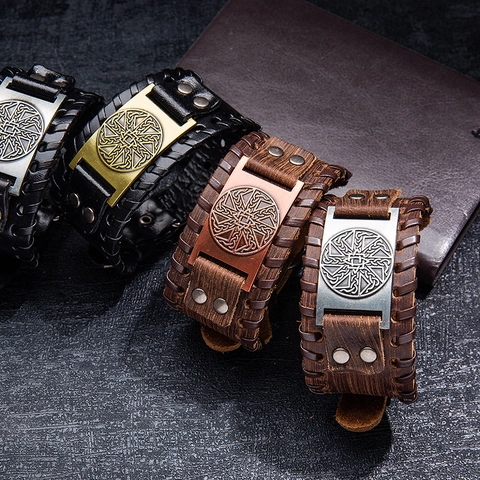 Retro Wide Leather Cuff Bracelet For Men Women Punk Woven Cowhide Bracelet Viking Rune Alloy Charm Jewelry Adjustable Hand Wrap
