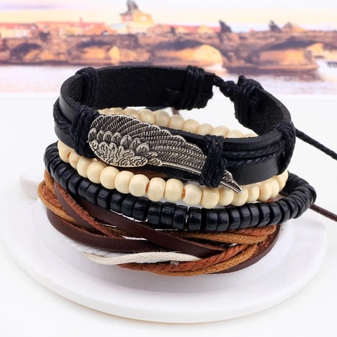 Bracciale da Uomo Multistrato in Pelle Vintage Combinazione Con Perline in Legno Ciondolo Ala in Lega Tessuto Regolabile Bohemien