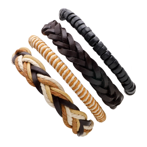 Handgemaakte Gevlochten Leren Armband Set Voor Mannen Vintage Boheems Verstelbare Hennep Touw Kokosnootschaal Kralen Armband Sieraden
