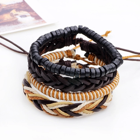 Handgemaakte Gevlochten Leren Armband Set Voor Mannen Vintage Boheems Verstelbare Hennep Touw Kokosnootschaal Kralen Armband Sieraden