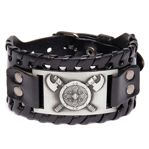 Bracciale in Pelle Vichingo Doppia Ascia Scudo per Uomo Vintage Punk Polsini Larghi Lega Rune Nordiche Simboli Celtici Gioielli