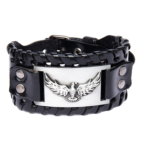 Vintage Gevlochten Leren Armband Voor Heren Viking Punk Adelaar Wolf Totem Legering Plaat Verstelbare Brede Polsband Sieraden Cadeau