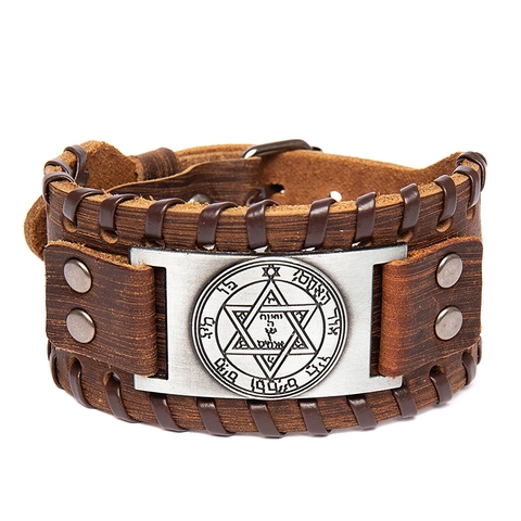 Vintage Viking Leather Bracelet For Men Women Retro Star Of David Tree Of Life Wolf Head Alloy Metal Plate Adjustable Cuff Bangle Punk Jewelry Gift