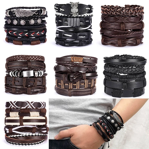 Set di Braccialetti in Pelle Intrecciata Vintage da Uomo Ciondolo Gufo a Forma di Piuma in Lega Corda di Cera Bracciale Multistrato