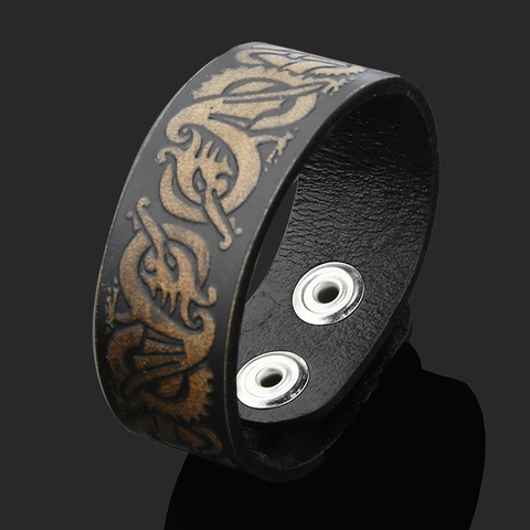 Bracciale in Pelle Larga Goffrato con Totem a Drago Vichingo Nodo Celtico Retro Punk Borchie in Lega per Uomo Donna Gioielli