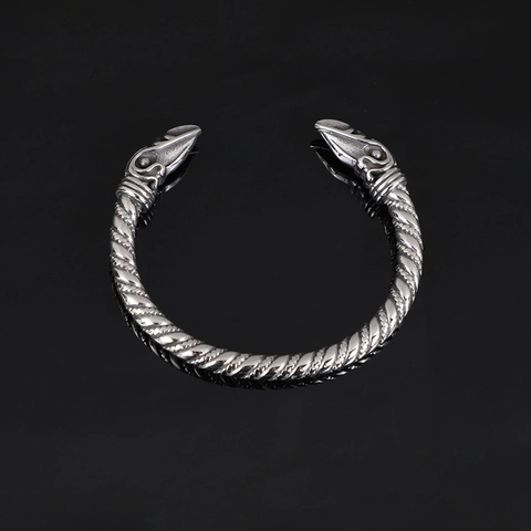 Viking Stainless Steel Raven Head Open Bangle For Men Vintage Nordic Twisted Bracelet Norse Gothic Jewelry Gift Steel Color