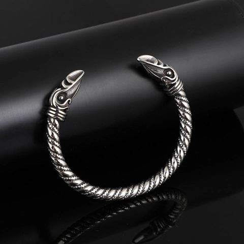 Viking Stainless Steel Raven Head Open Bangle For Men Vintage Nordic Twisted Bracelet Norse Gothic Jewelry Gift Steel Color