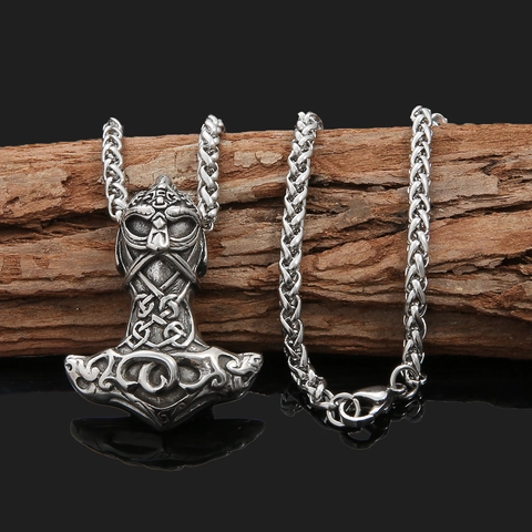 Viking Thor Hammer Pendant Necklace For Men Stainless Steel Wolf Head Mjolnir Distressed Silver Nordic Amulet Jewelry