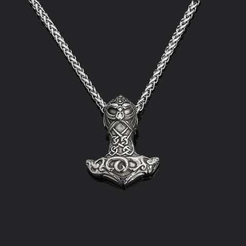 Viking Thor Hammer Pendant Necklace For Men Stainless Steel Wolf Head Mjolnir Distressed Silver Nordic Amulet Jewelry