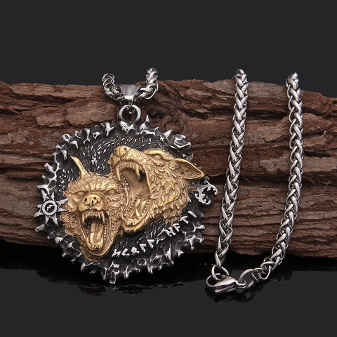 Viking Double Wolf Head Thor's Hammer Necklace For Men Stainless Steel Mjolnir Pendant Retro Nordic Runes Byzantine Chain Jewelry