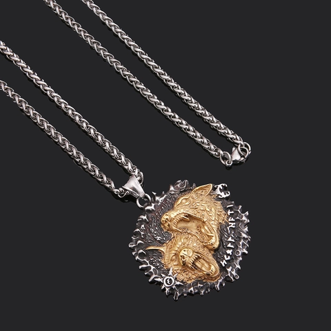 Viking Double Wolf Head Thor's Hammer Necklace For Men Stainless Steel Mjolnir Pendant Retro Nordic Runes Byzantine Chain Jewelry