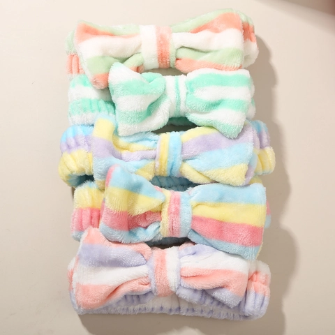 Soft Plush Bowknot Headband For Women Makeup Face Washing Coral Fleece Leopard Polka Dot Striped Elastic Spa Hair Band Accessory