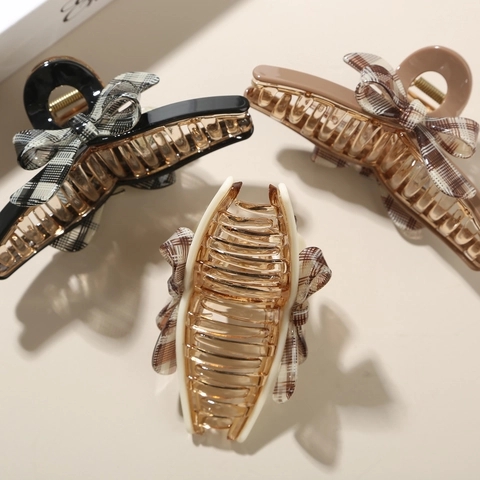 Pinza de Garra para el Cabello con Lazo de Cuadros de Acetato para Mujer Clip de Tiburón Retro Francés Elegante Accesorio