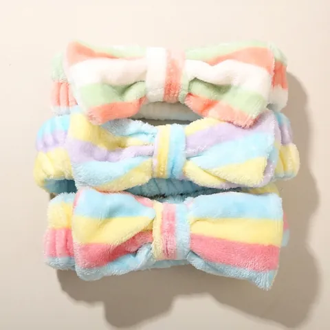 Soft Plush Bowknot Headband For Women Makeup Face Washing Coral Fleece Leopard Polka Dot Striped Elastic Spa Hair Band Accessory
