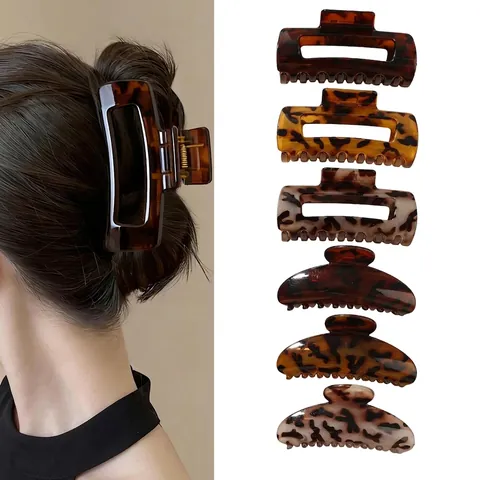 Pinces à Cheveux Imprimé Léopard Vintage Grandes Formes Rectangulaires Semi-circulaires Polystyrène Brillant Femme Coiffure
