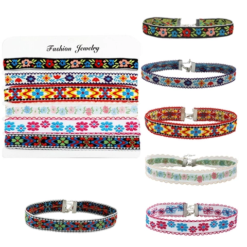 Bohemian Ethnic Embroidered Fabric Choker Necklace For Women Vintage Floral Geometric Pattern Ribbon Jewelry Neckwear Alloy Clasp