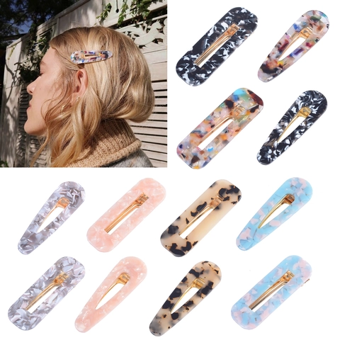 Fashion Acetate Hair Clip Geometric Marble Leopard Print Hairpin For Women Retro Candy Color Alloy Duckbill Side Clip Accessory