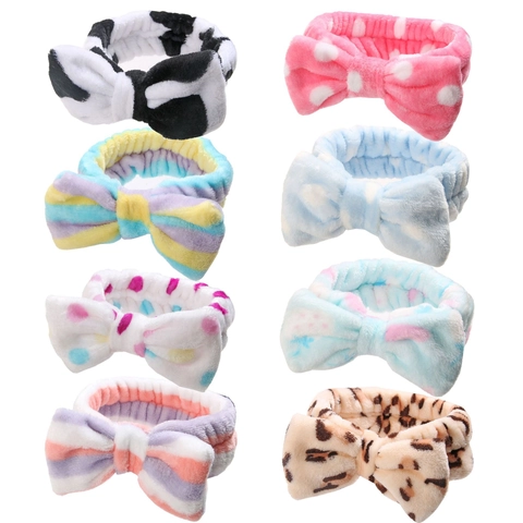 Coral Fleece Bowknot Hair Band For Women Leopard Polka Dot Stripes Cow Pattern Elastic Soft Headband For Face Washing Makeup