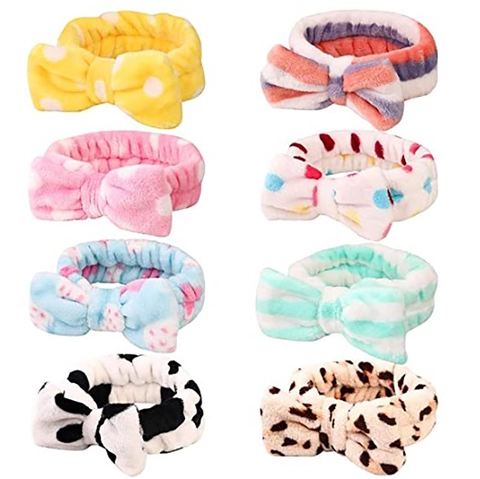 Coral Fleece Bowknot Hair Band For Women Leopard Polka Dot Stripes Cow Pattern Elastic Soft Headband For Face Washing Makeup