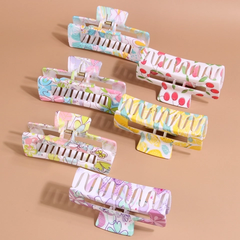 Grande Molla per Capelli Rettangolare in Plastica Con Stampa Floreale Limone Moda Estiva Fresca Accessori per Capelli Donna