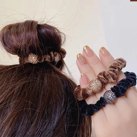 Coleteros de Terciopelo de Alta Elasticidad Estilo Coreano con Bola de Strass para Mujer Soporte de Coleta Simple y Elegante