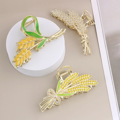 Elegant Alloy Wheat Ear Flower Hair Claw Clip For Women Fashion Rhinestone Enamel Artificial Pearl Shark Clip Hair Accessories