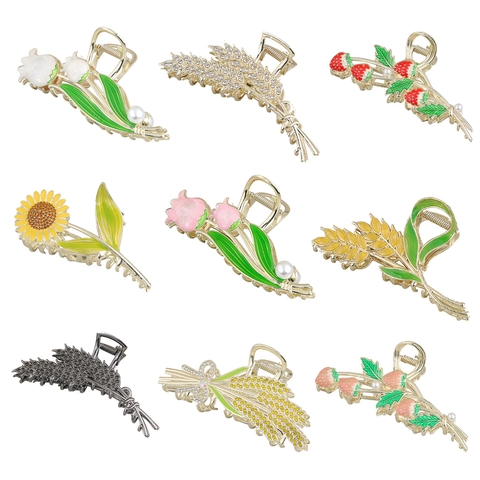 Große Metall Legierung Blumen Weizen Haarklammern Für Damen Elegant Strass Künstliche Perle Haarkralle Haarschmuck Styling Tool
