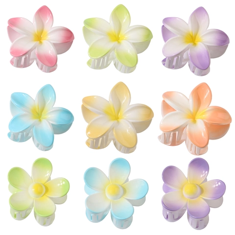 Hawaii Style Plumeria Flower Hair Claw Clip For Women Gradient Color Plastic Floral Hairpins Non-Slip Large Shark Jaw Clip