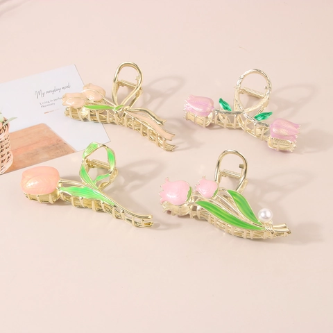 Elegante Pinza per Capelli in Lega a Forma di Fiore per Donna Coreana Smalto Tulipano Margherita Clip a Squalo Gioielli in Metallo