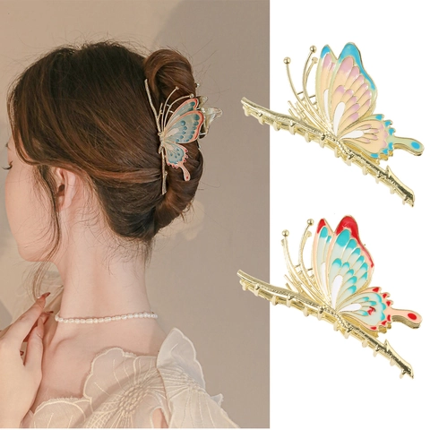 Vintage Vlinder Haarklem Voor Dames Legering Emaille Metaal Grote Haarklem Retro Elegante Haar Styling Accessoires