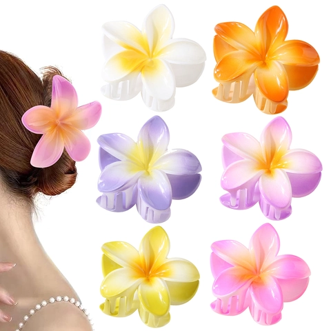 Tropical Plumeria Flower Hair Claw Clip For Women Gradient Color Lacquered Plastic Hair Clamp For Summer Beach Vacation