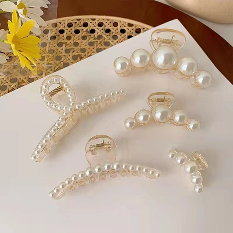 Pinza para el Pelo de Perla Artificial Retro Francés Elegante Pinza de Tiburón de Resina PS Blanco Crema Accesorios para el Pelo de Mujer
