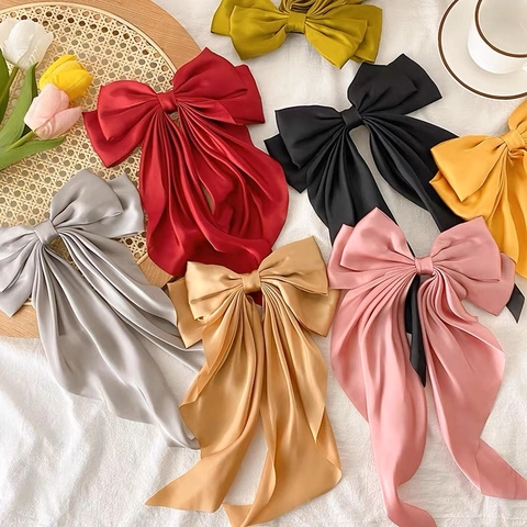 Pinza Para El Pelo Con Lazo Grande De Satén Con Cintas Largas Doble Capa Horquillas Elegantes Accesorios Mujer