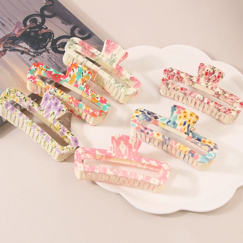 Grote Bedrukte Vierkante Haarklem Zoete Bloemen Plastic Haarklauw Voor Vrouwen Meisjes Elegante Haarstyling Accessoires