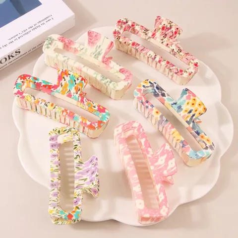 Grote Bedrukte Vierkante Haarklem Zoete Bloemen Plastic Haarklauw Voor Vrouwen Meisjes Elegante Haarstyling Accessoires