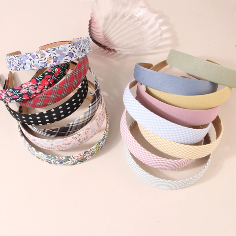 Fashion Women Floral Plaid Headbands Padded Fabric Hairbands Sweet Korean Style Ruched Beaded Artificial Pearl Hair Accessories