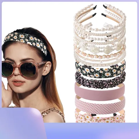 Fashion Women Floral Plaid Headbands Padded Fabric Hairbands Sweet Korean Style Ruched Beaded Artificial Pearl Hair Accessories