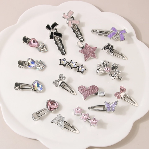 Pince à Cheveux Y2K Douce Rose Strass Étoile Cœur Papillon Nœud pour Filles Alliage de Métal Pince Latérale Bijoux de Cheveux