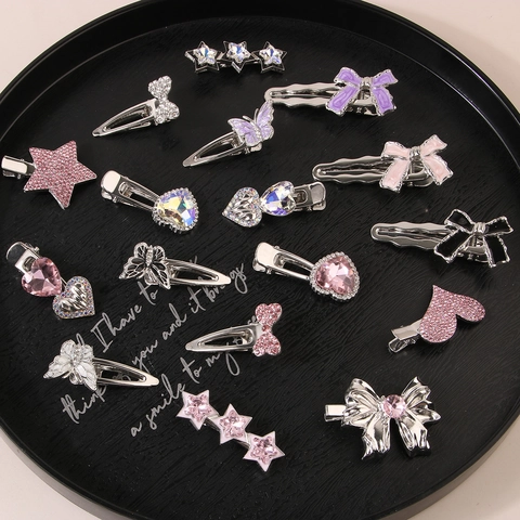 Pince à Cheveux Y2K Douce Rose Strass Étoile Cœur Papillon Nœud pour Filles Alliage de Métal Pince Latérale Bijoux de Cheveux