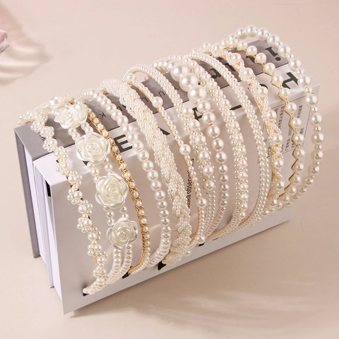 Elegant Faux Artificial Pearl Headband For Women Gold Alloy Thin Hair Band Korean Style White Artificial Pearl Hair Hoop Wedding Party Daily Hair Accessories