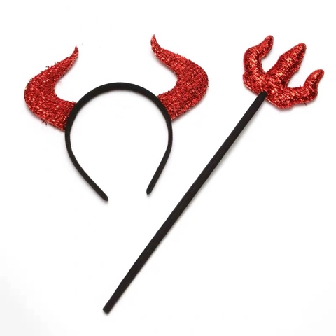 Rotes Pailletten Teufelshorn Stirnband Und Dreizack Für Halloween Cosplay Kostüm Party Requisite Damen Haarschmuck Deko