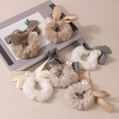 Autumn Winter Plush Bow Scrunchie Houndstooth Elastic Hair Tie With Artificial Pearl Elegant Ponytail Holder For Women