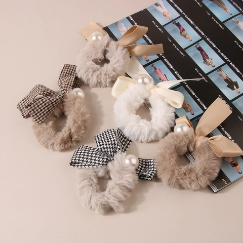 Autumn Winter Plush Bow Scrunchie Houndstooth Elastic Hair Tie With Artificial Pearl Elegant Ponytail Holder For Women