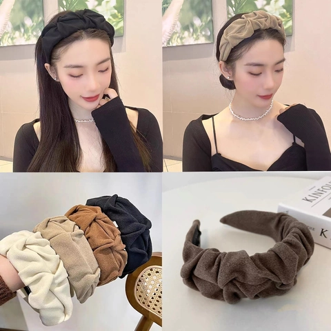 Wide Brim Suede Fabric Twisted Knot Headband Simple Vintage Style Hair Hoop For Women Solid Color Elegant Headwear
