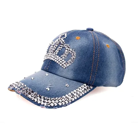 Cappellino da Baseball in Denim con Corona di Strass Vintage per Donna Uomo in Cotone Lavato Cappello Snapback Distressed Moda Casual