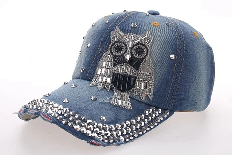 Gorra de Béisbol de Denim con Búho y Strass para Mujer Estilo Punk Desgastado Deshilachado con Tachuelas Sombrero de Mezcla Lavada