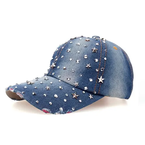 Damen Vintage Distressed Denim Baseballkappe Mit Strass Und Stern Dekorationen Gewaschene Baumwolle Gstickt Streetwear Fashion Sonnenhut
